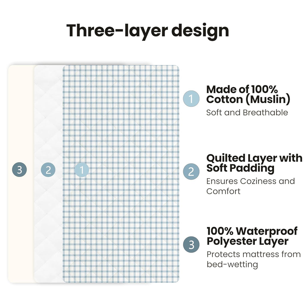 Konssy Waterproof Muslin Changing Pad Cover 2 Pack, Quilted Cotton Fitted Diaper Changing Table Cover, Soft Changing Pad Sheets for Girls Boys (Blue Gingham Blossom)