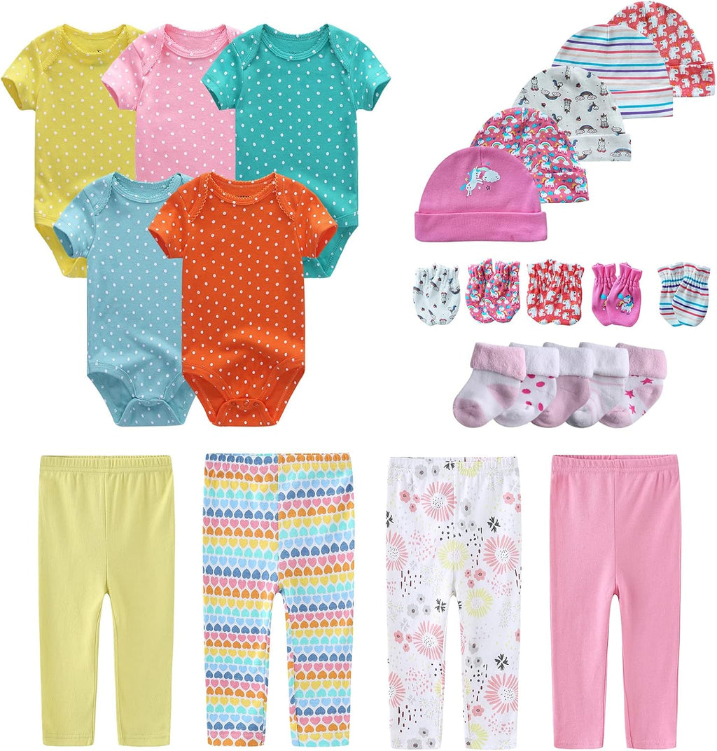 Newborn Layette Gift Set Bodysuits Pants for Baby Girl and Boy 24 Piece 100% Cotton Essentials and Accessories