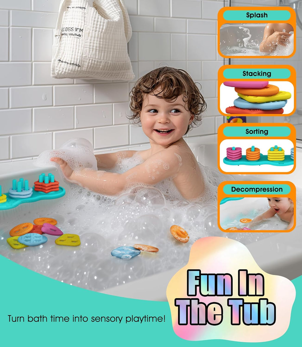 Baby Bath Toys Mold-Free Silicone Bath Toys, Sensory Shape Sorting & Stacking Set Includes 20 Floating Pieces, Early Learning Bathtub Toys for Toddlers