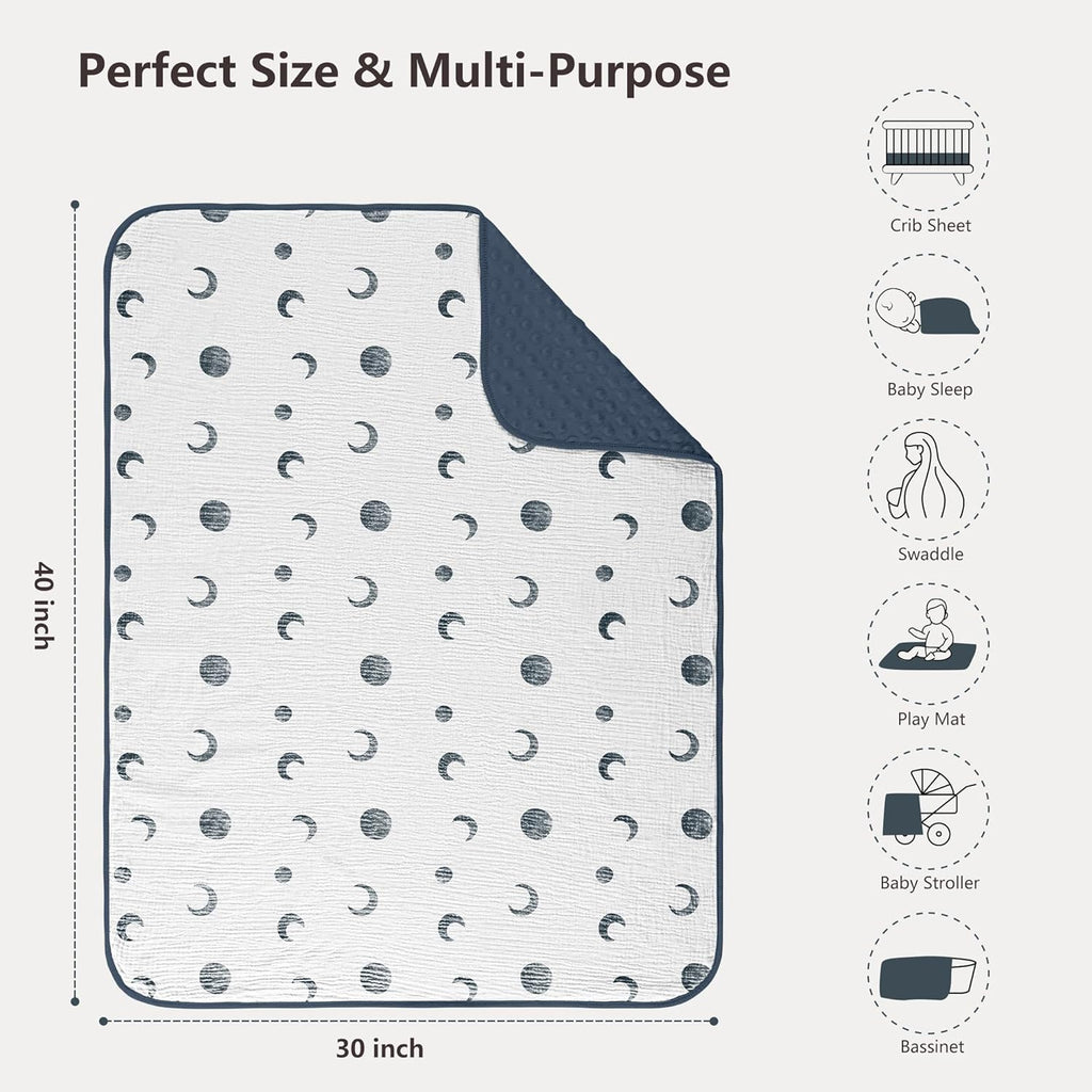 Susurration Baby Blanket for Unisex Boys Girls, Soft Nursery Minky Blanket with Muslin Cotton Front and Dotted Fleece Back, Receiving Blanket for Baby Newborn Infant, 30x40inch (Bluemoon)