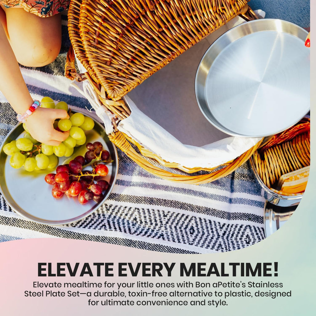 Children's 304 Stainless Steel Four (4) Piece Plate Set, 21 cm, Matte Finish, Plates for Kids, Toxin Free Stainless Steel Dinnerware Set, Non-Divided Plates, 100% BPA Free