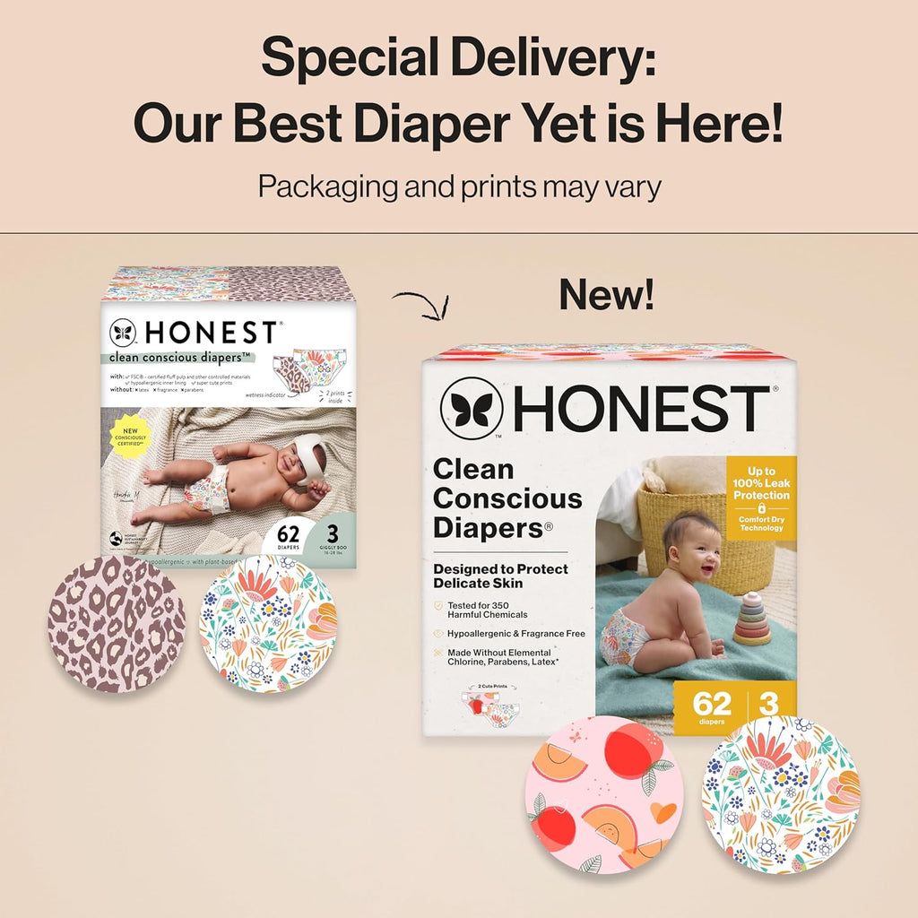 The Honest Company Clean Conscious Diapers for Delicate Skin | Up to 100% Leakproof | Hypoallergenic, Fragrance Free | Girl Prints | Club Box, Size 3 (16-28 lbs), 62 Count (Prints May Vary)