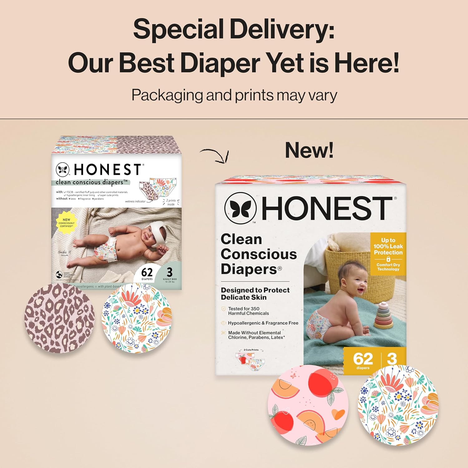 The Honest Company Clean Conscious Diapers for Delicate Skin | Up to 100% Leakproof | Hypoallergenic, Fragrance Free | Girl Prints | Club Box, Size 3 (16-28 lbs), 62 Count (Prints May Vary)
