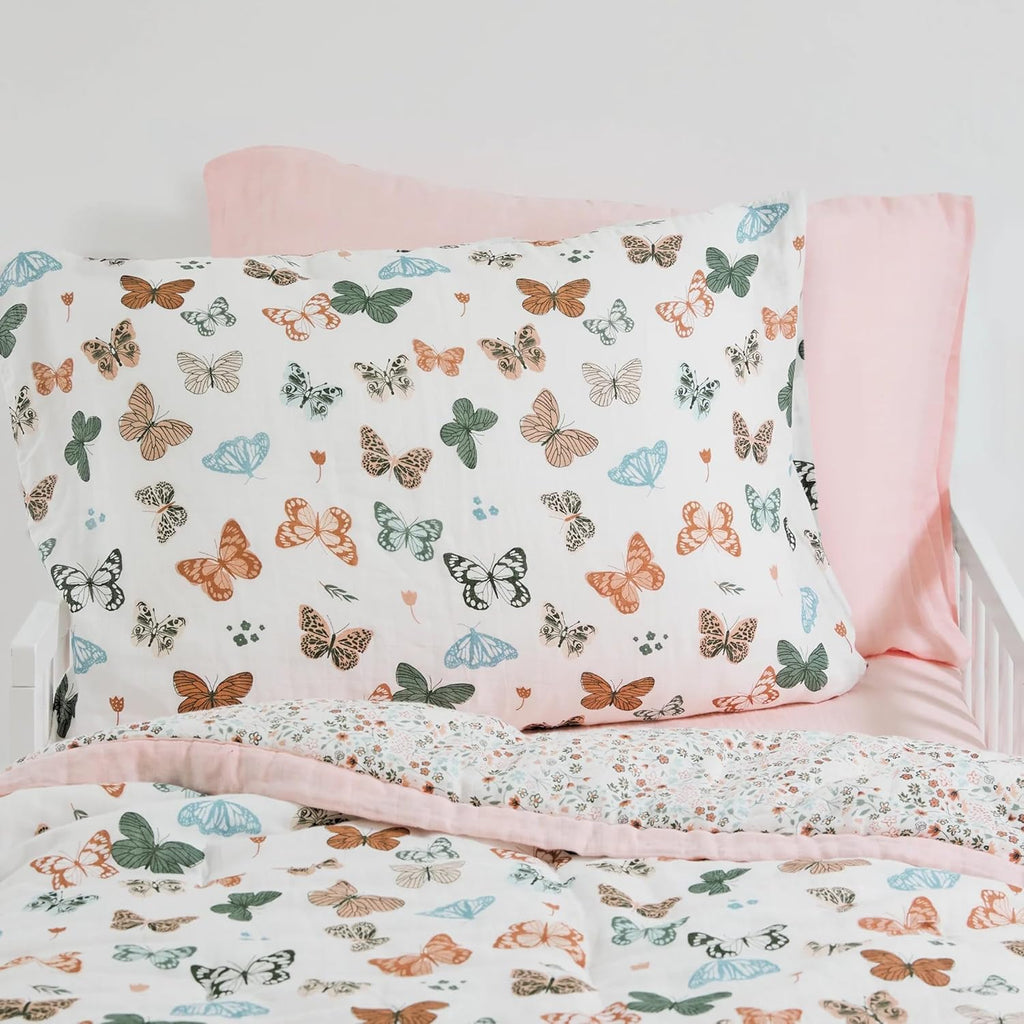 Little Unicorn Standard Pillowcase 2 Pack | Super Soft & Breathable Muslin Fabric | Snug Envelope Closure (Butterflies)