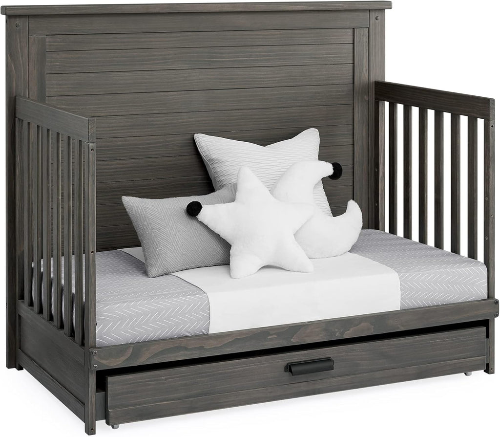 Delta Children Simmons Kids Caden 6-in-1 Convertible Crib with Trundle Drawer, Greenguard Gold Certified, Rustic Grey
