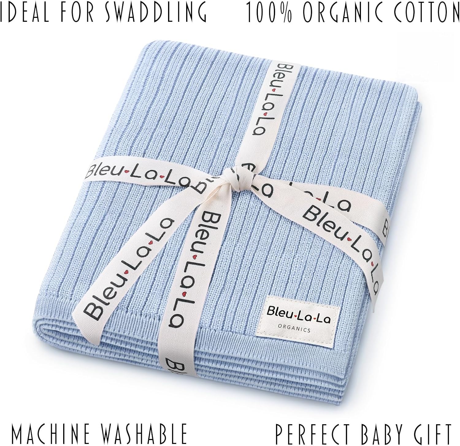 Organic Ribbed Swaddle Blanket for Boys & Girls - 100% Luxury Organic Soft Cotton Knit Warm Cozy Cuddle Stroller Crib Blanket for Newborns, Infants, & Toddlers (Sky Blue)