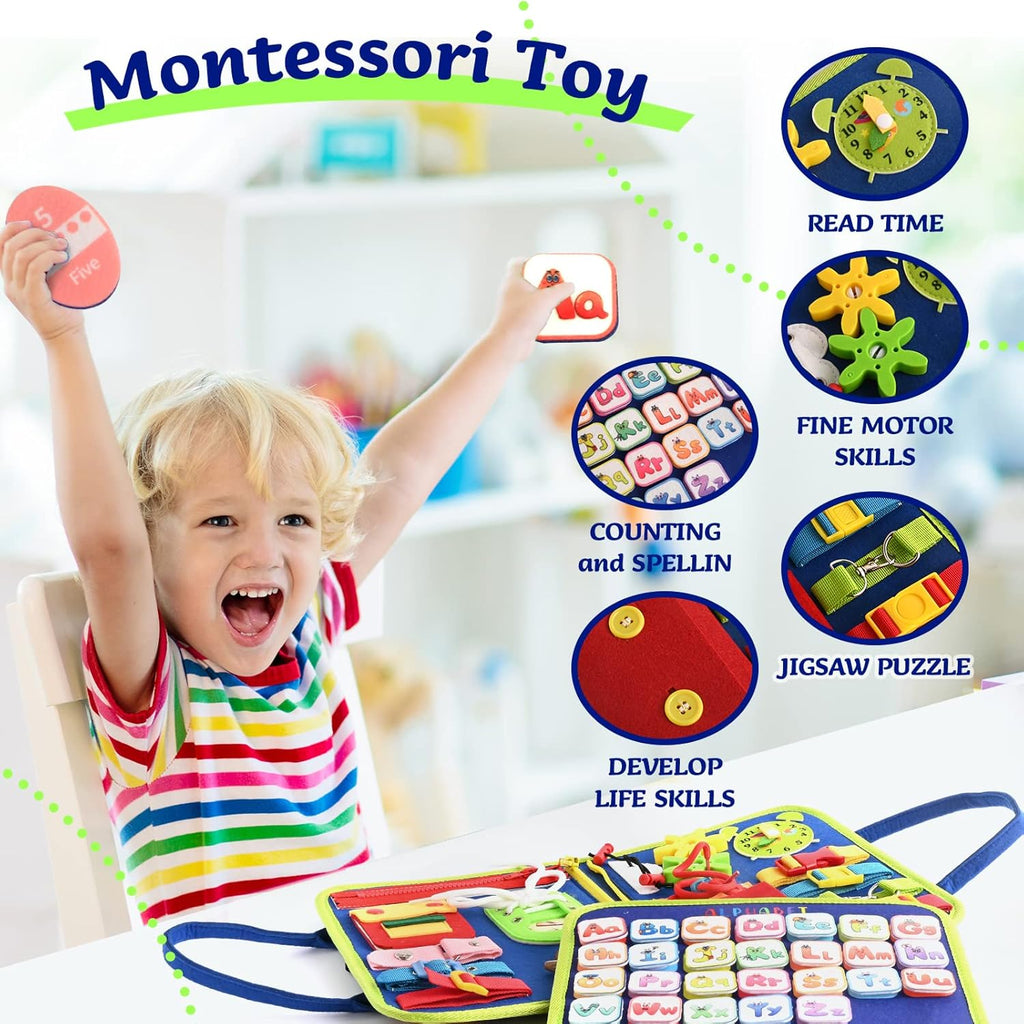 TenFans Montessori Busy Board | 1-4 Year Old Toddler Learning Toy | Fine Motor Skills Development | Montessori Sensory Playset | Early Childhood Education Tool | Portable Travel Preschool Activity Kit