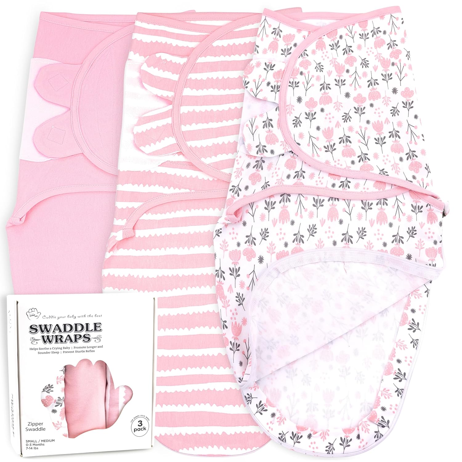 Bublo Baby Organic Swaddles for Newborns – Zipper Swaddles 0-3 Months, 3-Pack – Infant Sleep Sack with Zipper – Adjustable & Breathable Swaddle Blanket Wrap for Newborn Girls, Pink Flowers