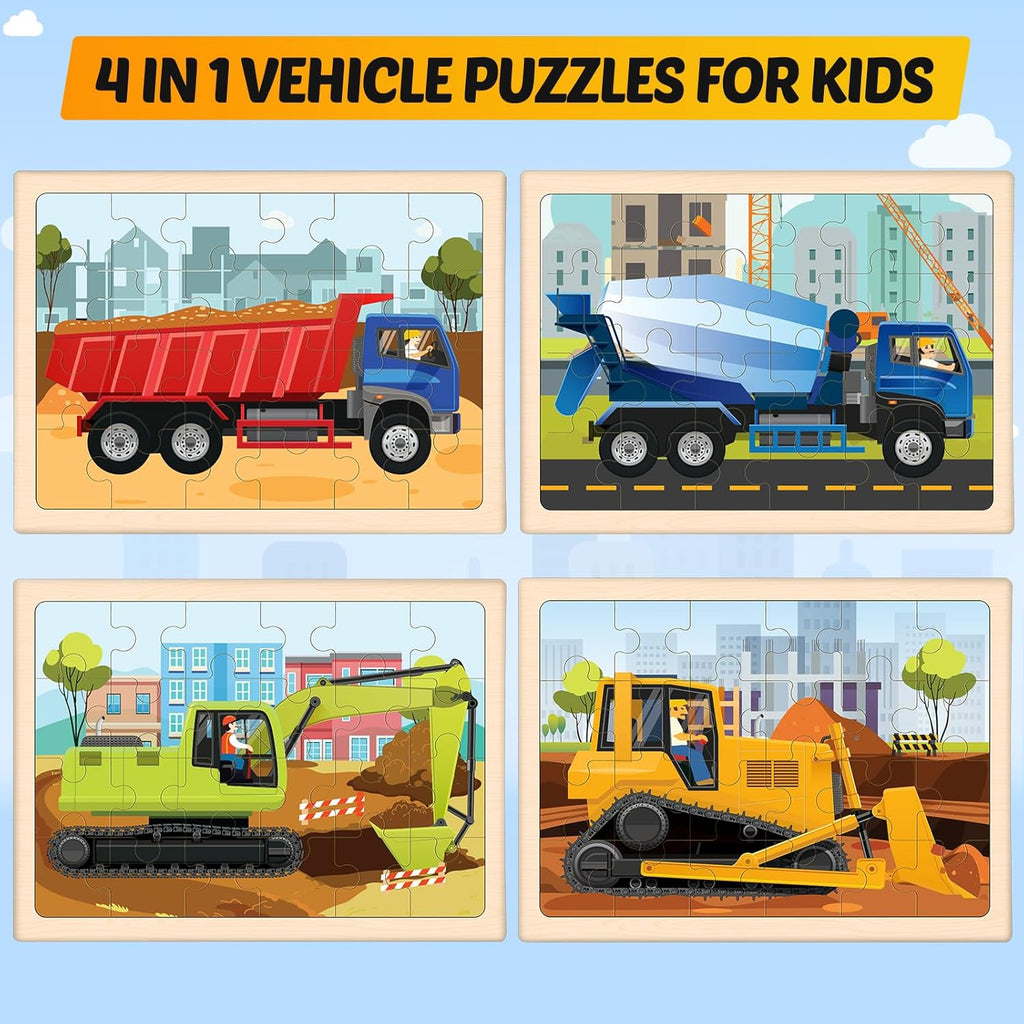 Wooden Puzzles for Kids Ages 4-6, 4 Packs 24 PCS Construction Vehicle Jigsaw Puzzles for Kids Ages 3-5, Preschool Educational Puzzles Boards Toys Gifts for Boys Girls