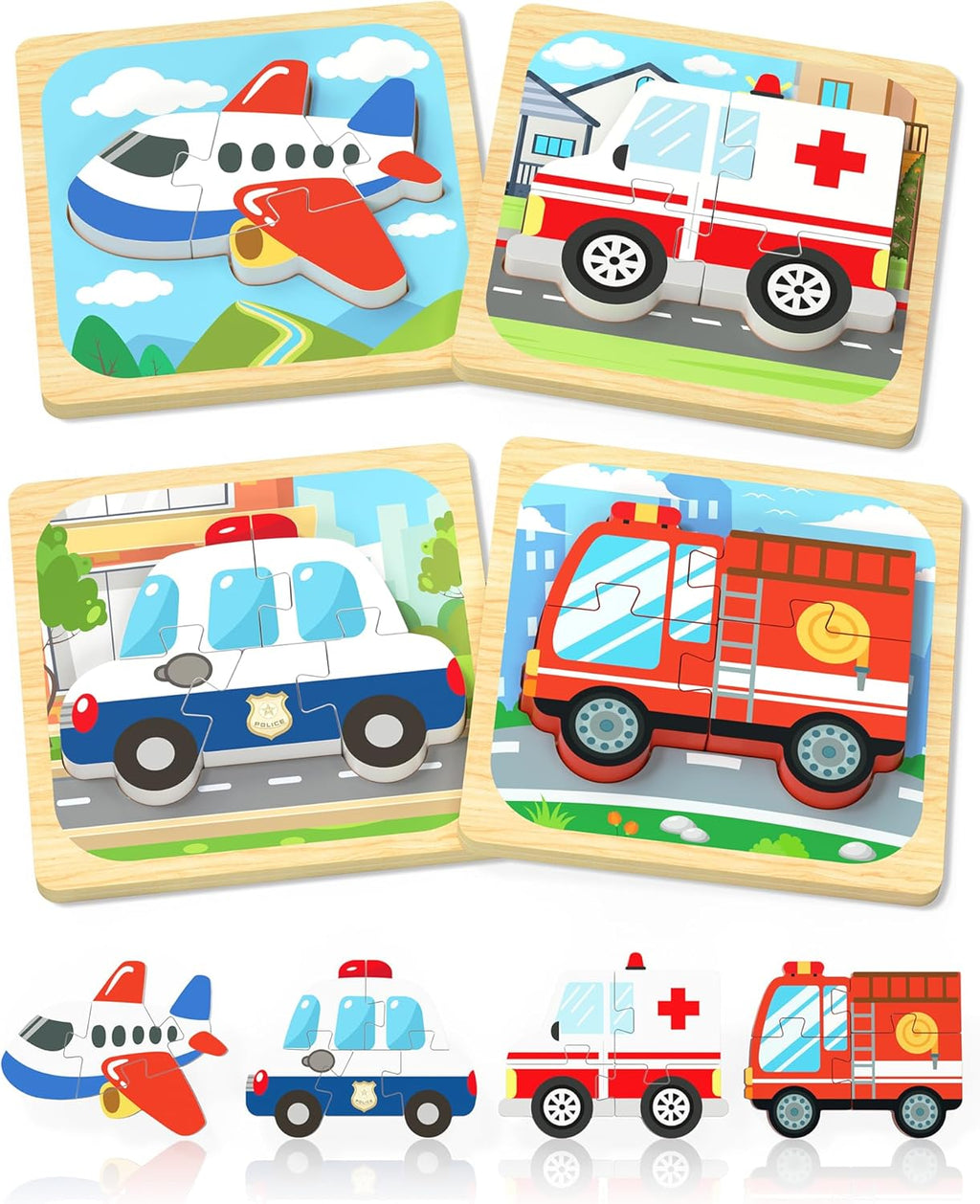 Benresive Wooden Toddler Puzzles, Montessori Toys for 1 2 3 Year Old Boys, Toys for 1 2 3 Year Old Boy Birthday Gifts, 4 Pack Vehicle Toddler Learning Educational Puzzles