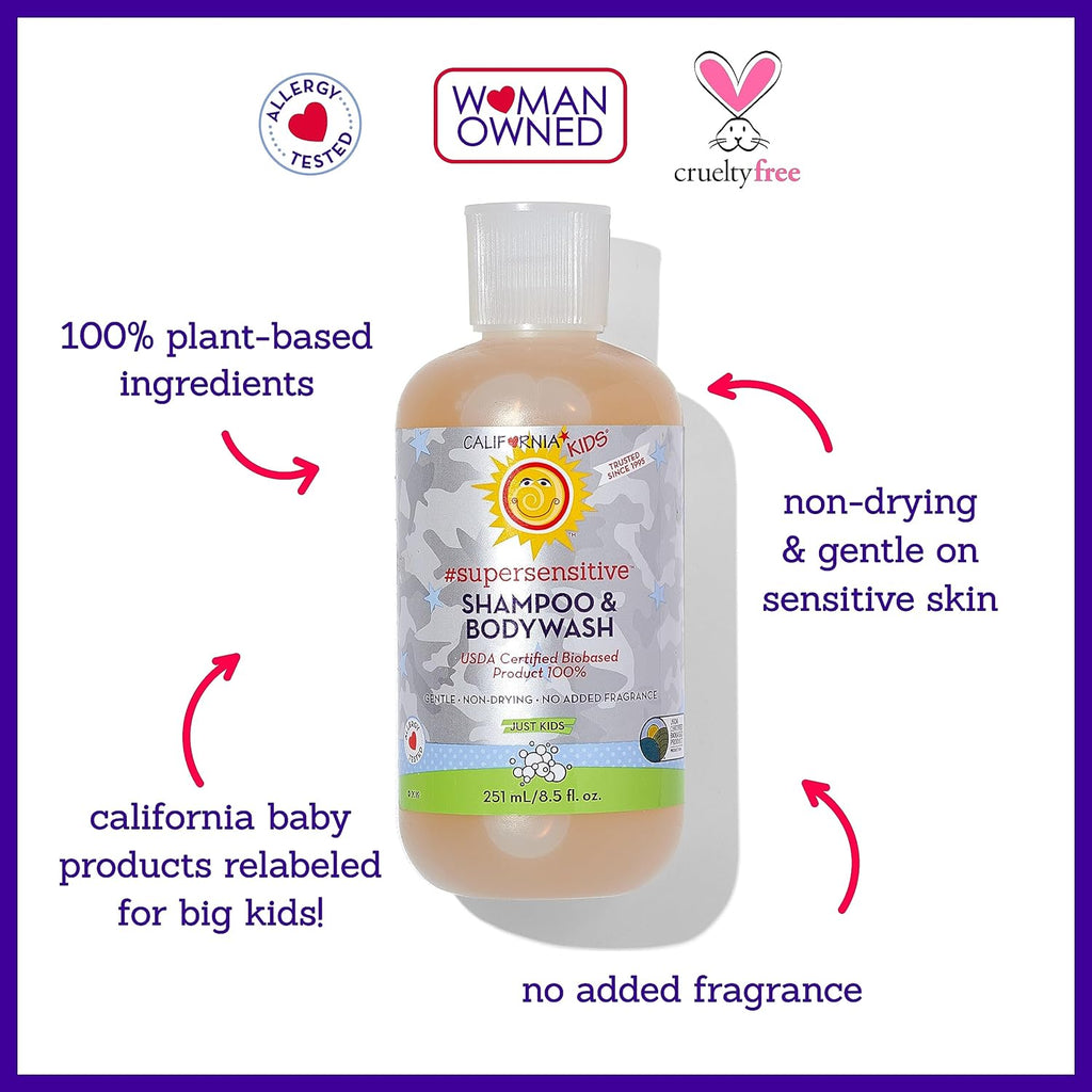 California Kids Super Sensitive Unscented Shampoo and Bodywash | 100% Plant-Based | Gentle Skincare | Fragrance Free | Hypoallergenic | 251 mL / 8.5 fl. oz.