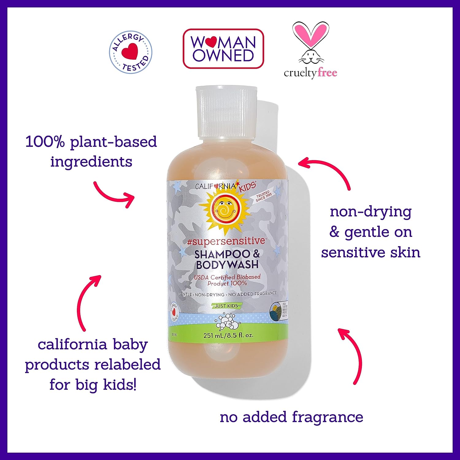 California Kids Super Sensitive Unscented Shampoo and Bodywash | 100% Plant-Based | Gentle Skincare | Fragrance Free | Hypoallergenic | 251 mL / 8.5 fl. oz.