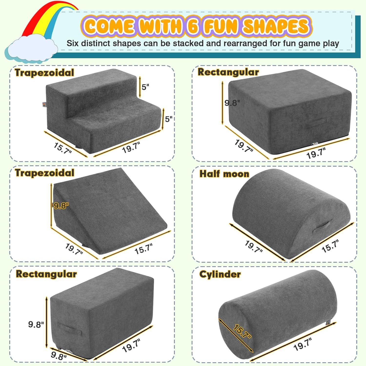 jela Foam Blocks 6Pcs Soft Play Equipment Luxury Miss Fabric, Toddler Climbing Toys Indoor Soft Play Climbing for Toddlers, Lightweight Climbing Blocks for Babies, Kids, Climb and Crawl Foam Playset