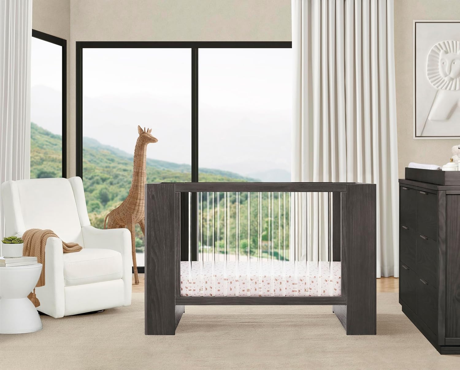 Delta Children Aerin Crib 6-Piece Baby Nursery Furniture Set–Includes: Convertible Crib, 6 Drawer Dresser, Changing Top, Crib Mattress, Sheets & Changing Pad, Rustic Grey