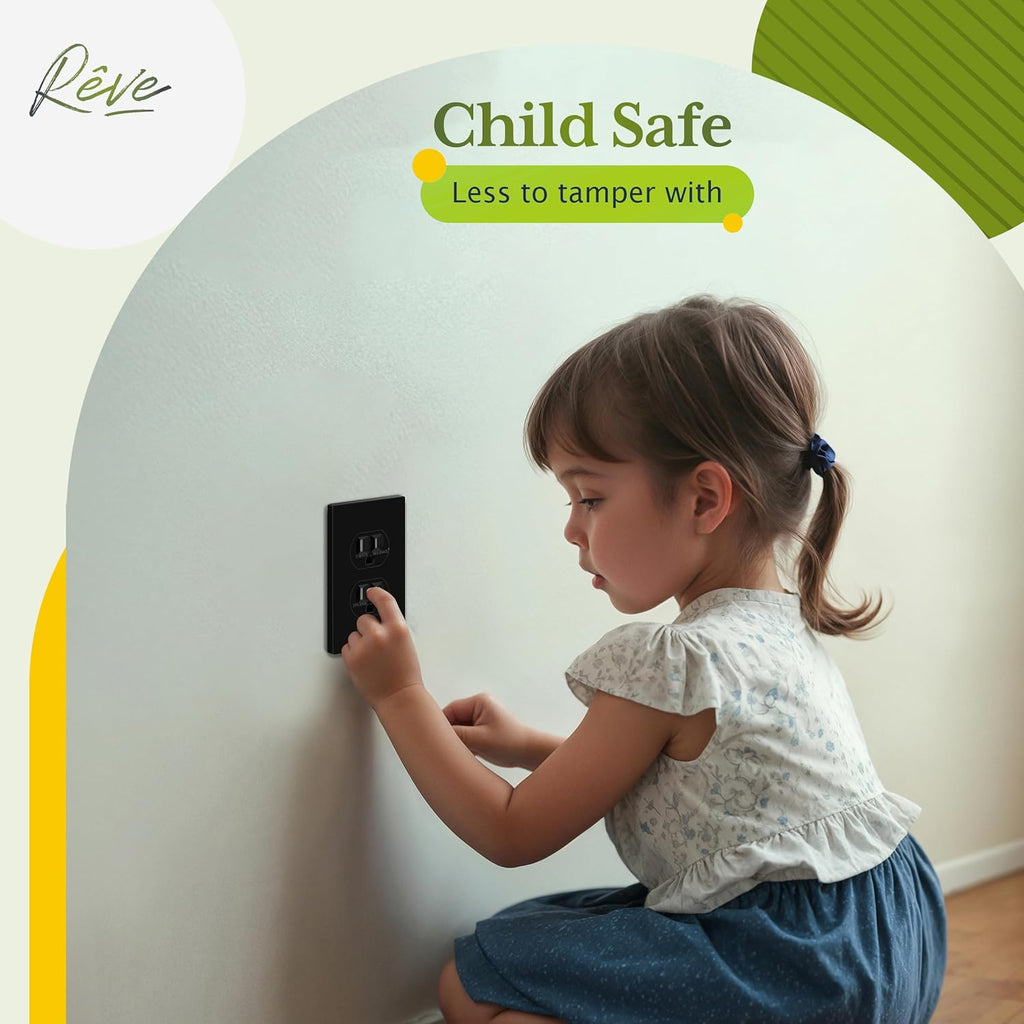 TG Mid-Size Screwless Duplex Wall Plate, Child Safe Receptacle Outlet Cover, Medium Size 1-Gang 4.88" H x 3.11" L, Polycarbonate Thermoplastic, UL Listed, SP-MS1-BK5P, Black (5 Pack)