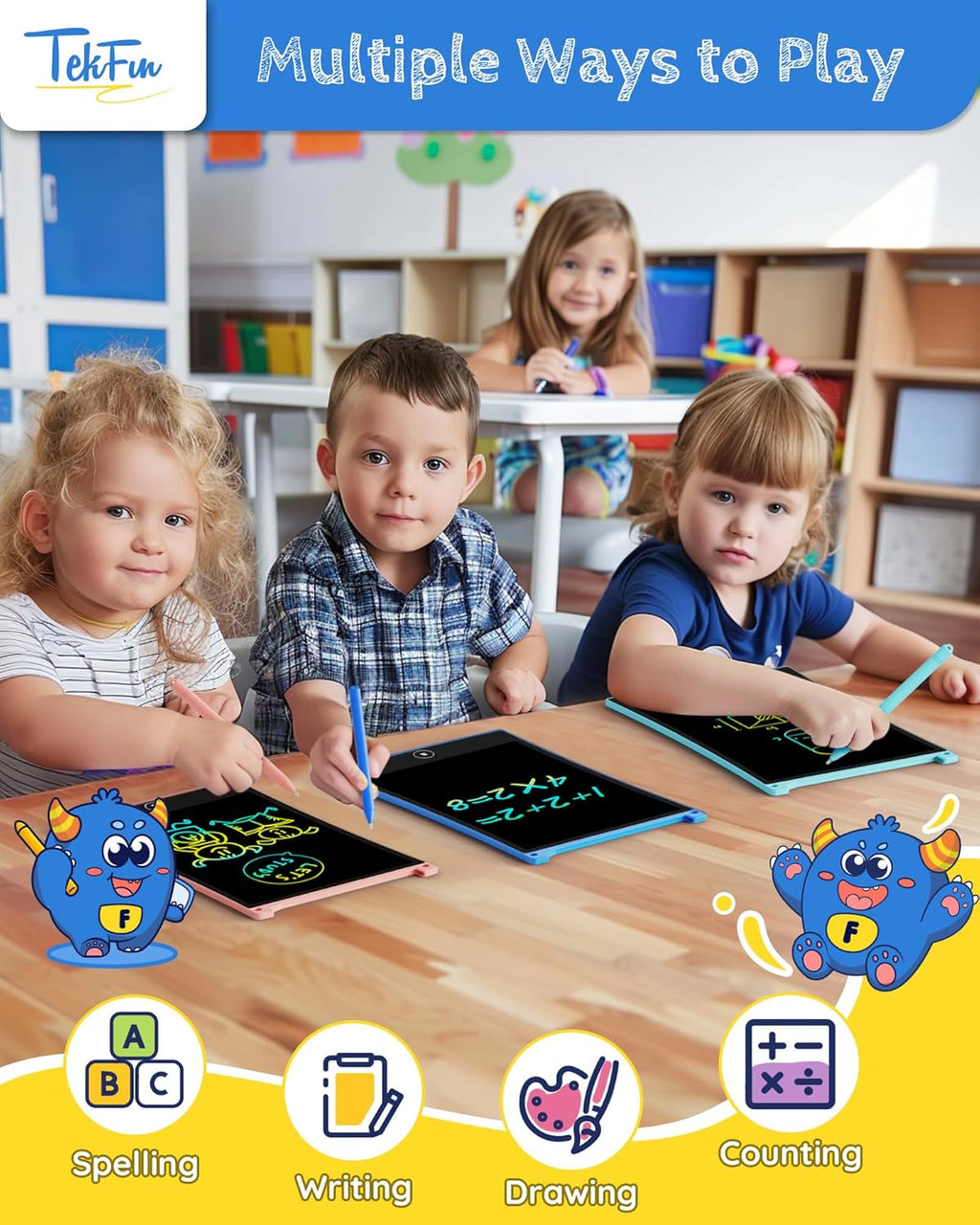 TEKFUN 8.5in 2 Pack LCD Writing Tablet for Kids Coloring Doodle Board Magic Drawing Pad for Kids with Anti-Lost Stylus, Car Trip Educational Toys Birthday Gift for 3 4 5 6 7 Kids Girls Boys Toddlers