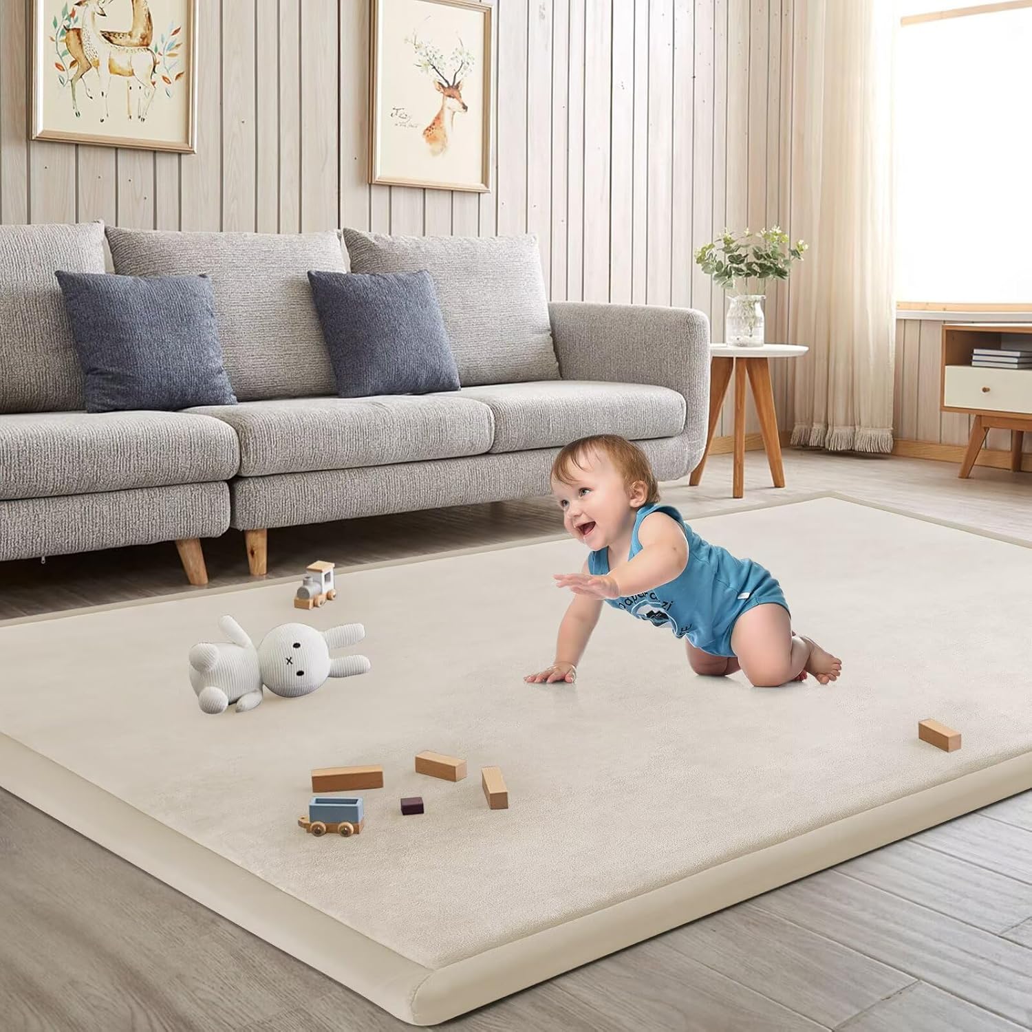Baby Play Mat for Floor Tummy Time Mat Nursery Rug   6'7"x6'7" Memory Foam 1.3" (Beige)