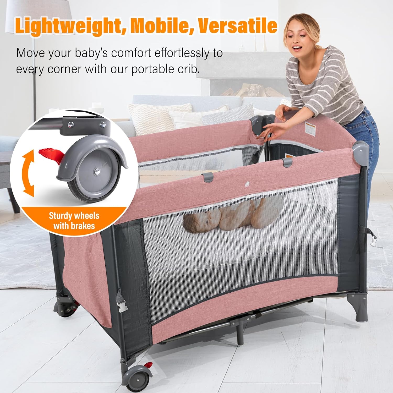 5 in 1 Baby Crib,Baby Bassinet, Bedside Cribs, Pack and Play with Changing Table, Portable Travel bedToys & Music Box,Mattress for Girl Boy Infant Newborn (Pink)