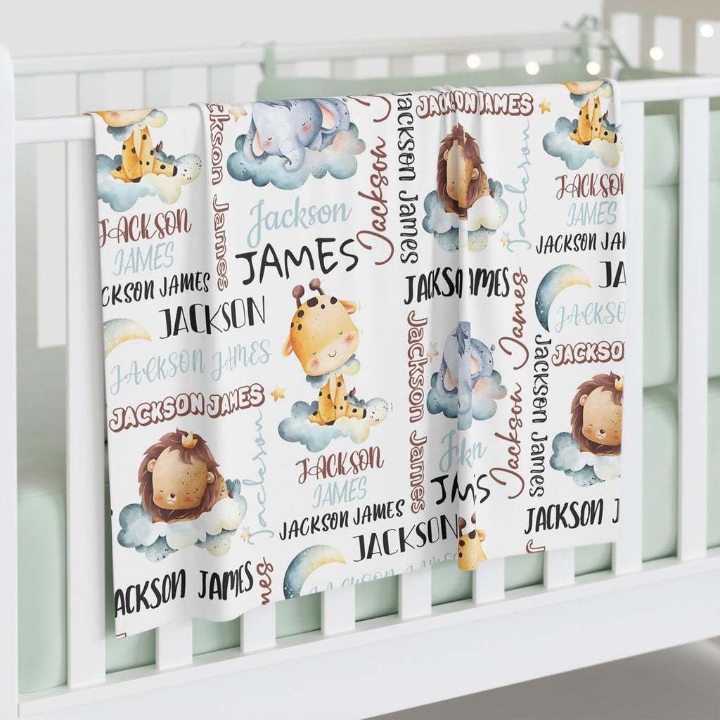 Personalized Baby Blanket for Boys, Custom Baby Blanket with Name, Safari Animal Blanket Name Baby Blanket, Safari Animal Swaddle Blanket for Toddlers Kids Newborn