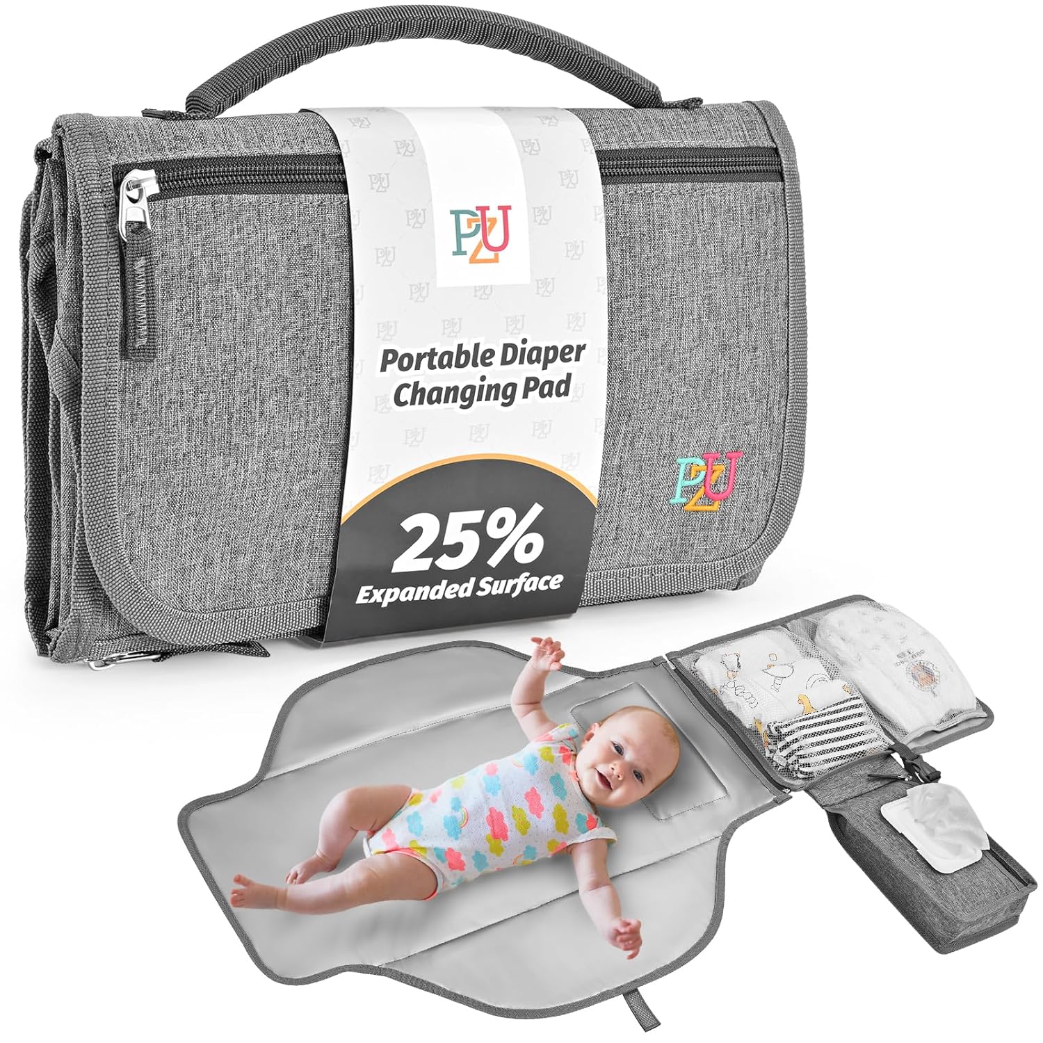 PZU Portable Diaper Changing Pad - Changing Pad Portable with Wipes Pocket, Waterproof Diaper Changing Mat, Portable Changing Pad for Baby, Newborn Gift（Grey）