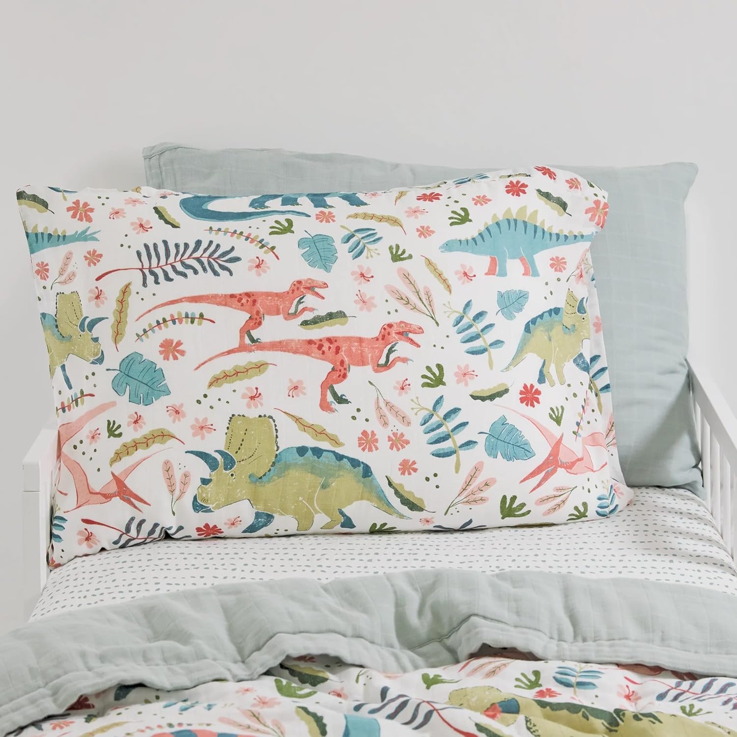 Little Unicorn Standard Pillowcase 2 Pack | Super Soft & Breathable Muslin Fabric | Snug Envelope Closure (Boho Dino)