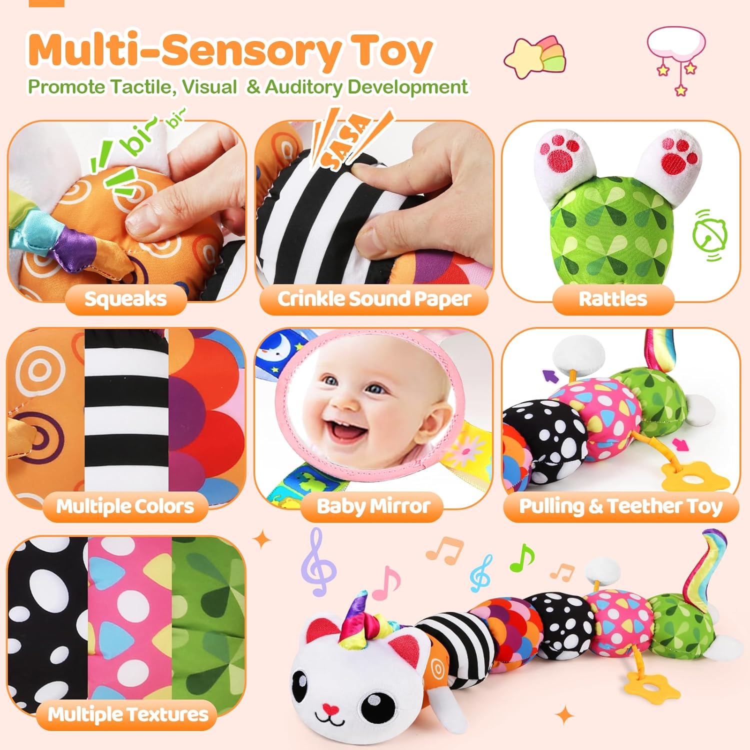 Baby Toys 0-6 6-12 Months, Sensory Musical Animal Stuffed Toy for Infant 0-3 3-6 Months, Tummy Time Toys with Mirror Crinkle Rattle, Plush Unicorn Cat Toy Gifts for 0 1 2 3 4 5 6+ Months Boys Girls