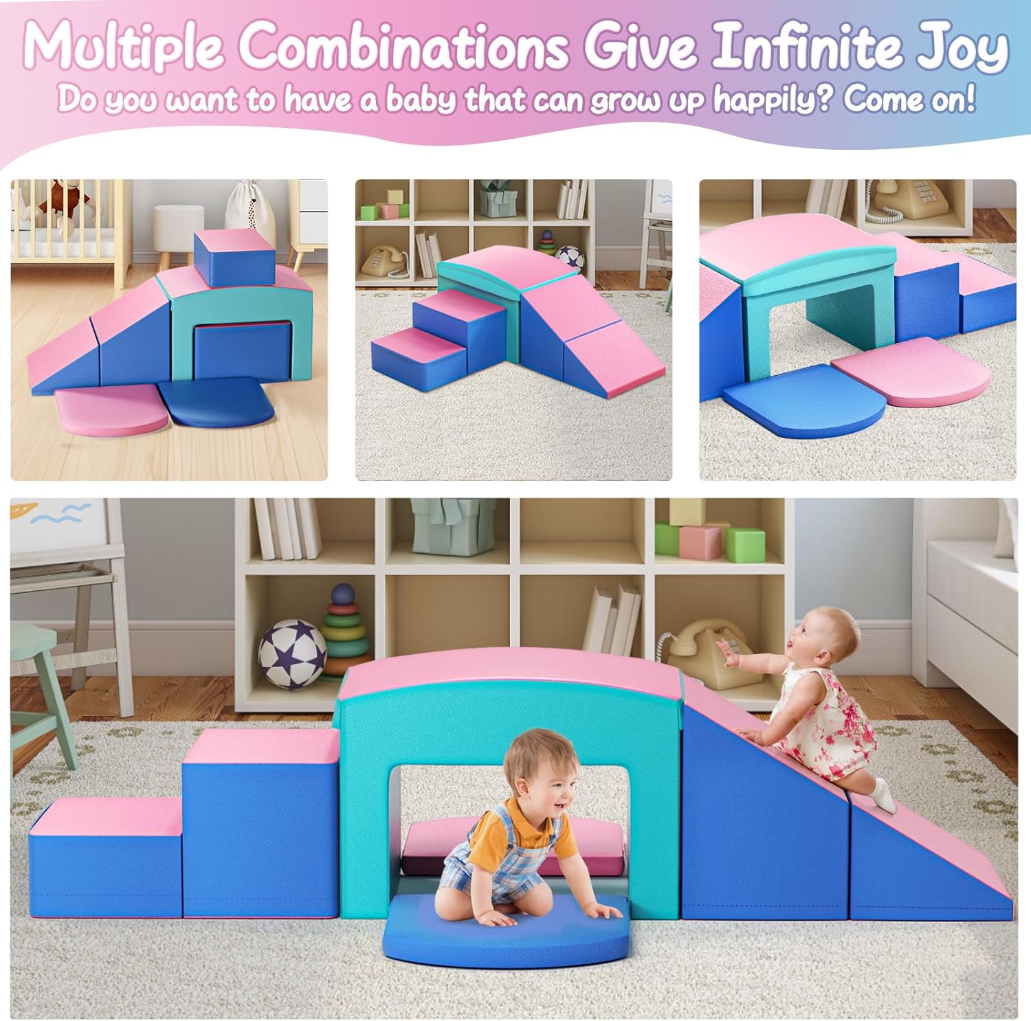 SURPCOS Crawl and Climb Foam Play Set, 6 Pcs Climbing Toys for Toddlers 1-3, Climb and Crawl Activity Playset, Soft Play Equipment Crawling and Sliding (Blue&Pink) 6 peices