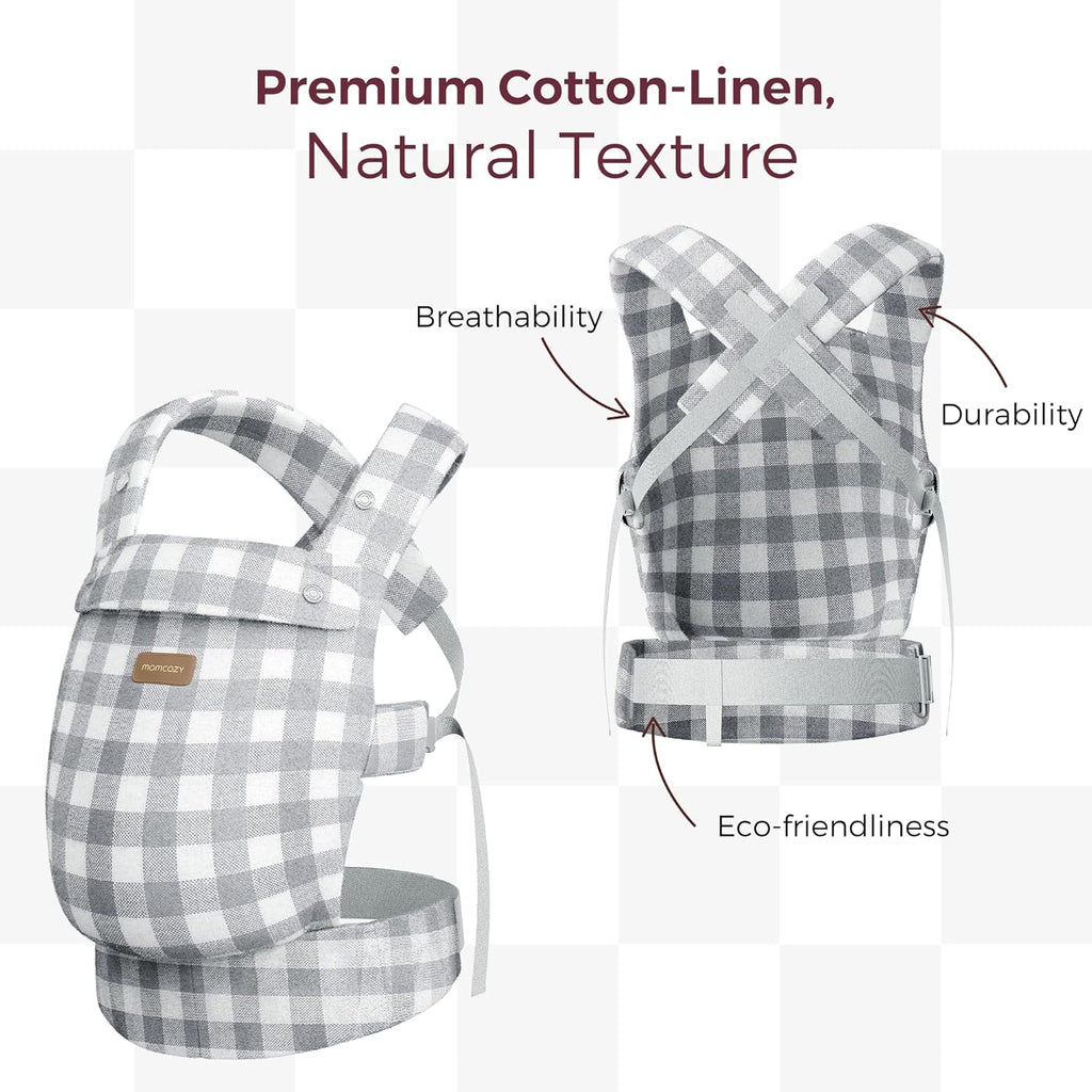 Momcozy Baby Carrier with Natural Cotton Linen, Built to Last, Ergonomic Design, Lightweight and Comfortable, Hands-Free for Moms&Dads, Slate Checkerboard