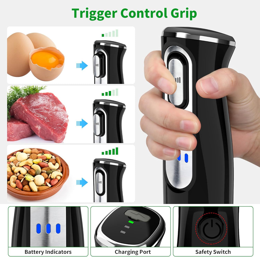 Cordless Immersion Blender Handheld, Rechargeable 4 In 1 Electric Hand Blender Stick Blender Variable Speed with Chopper, Beaker, Whisk, Stainless Steel Blade for Soup, Baby Food, Smoothies