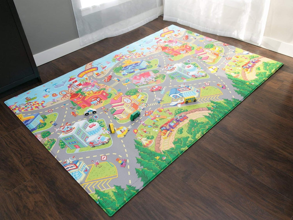 Baby Care Play Mat (Large, Playful - Zoo Town) 82'' x 55'' Original One-Piece Reversible Rollable Waterproof Play Mat for Infants, Babies, Toddler, and Kids