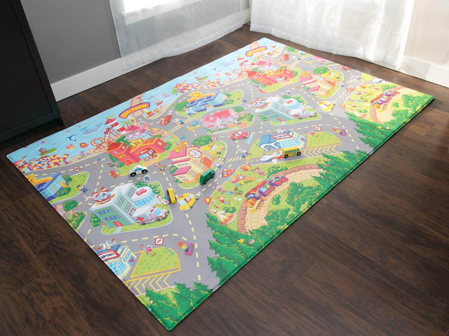 Baby Care Play Mat (Medium, Playful - Zoo Town) 73’’ x 49’’ Original One-Piece Reversible Rollable Waterproof Play Mat for Infants, Babies, Toddler, and Kids