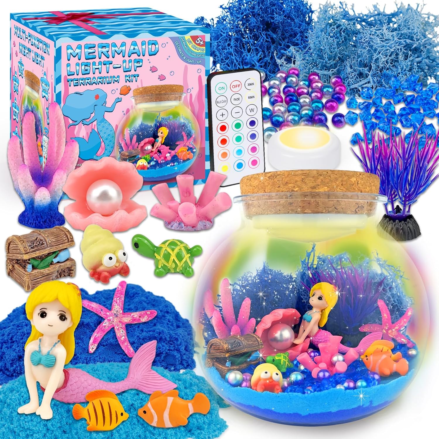 Mermaid Terrarium Craft Kit for Kids - LED Night Light Up & Remote Mermaid Birthday Gifts Toys for Girls Age 5 6 7 8 9 10 11 12 Year Old