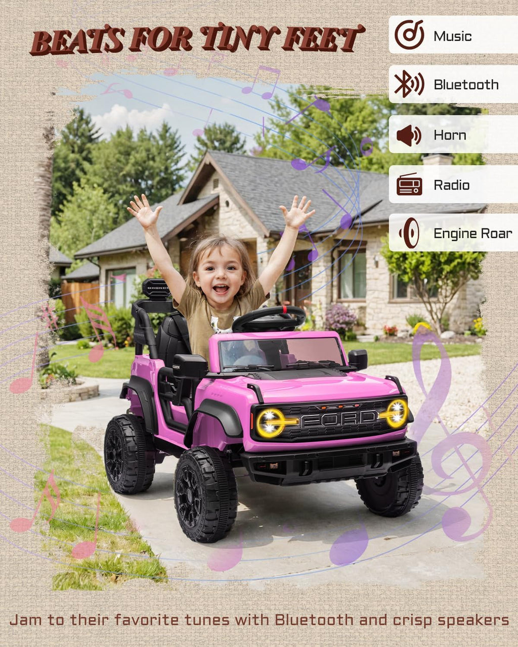 12V Electric Ride on Toys for Toddler, Ford Bronco Raptor Kids Ride on Car with Remote Control, 12 Volt Battery Powered Cars for Children with Smooth Start, Bluetooth (12V, Pink)