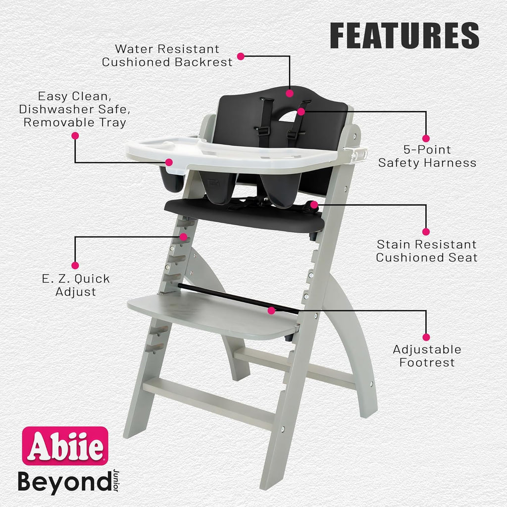 Abiie Beyond Junior Wooden High Chair with Tray - Adjustable and Convertible High Chair for Babies and Toddlers - 6 Months to 250 Lb - Water Resistant - Misty Grey Wood/Black Pearl Cushion