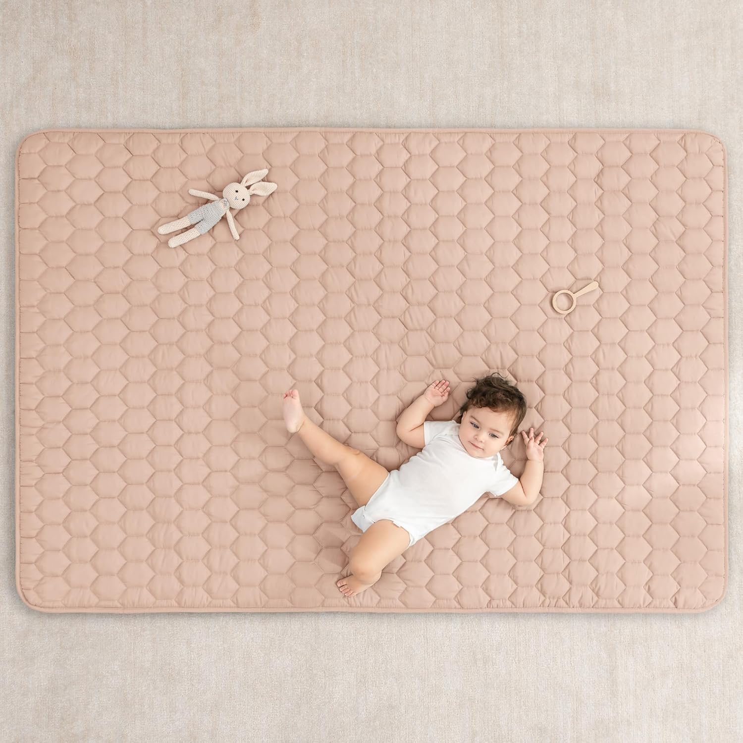 Comfy Cubs Rectangle Kids Play Mat - Medium 48 x 72 inches Soft Quilted Baby Floor Mat with Non-Slip Bottom - Plush Design for Toddlers Playtime and Relaxation - Comfortable and Durable - Blush