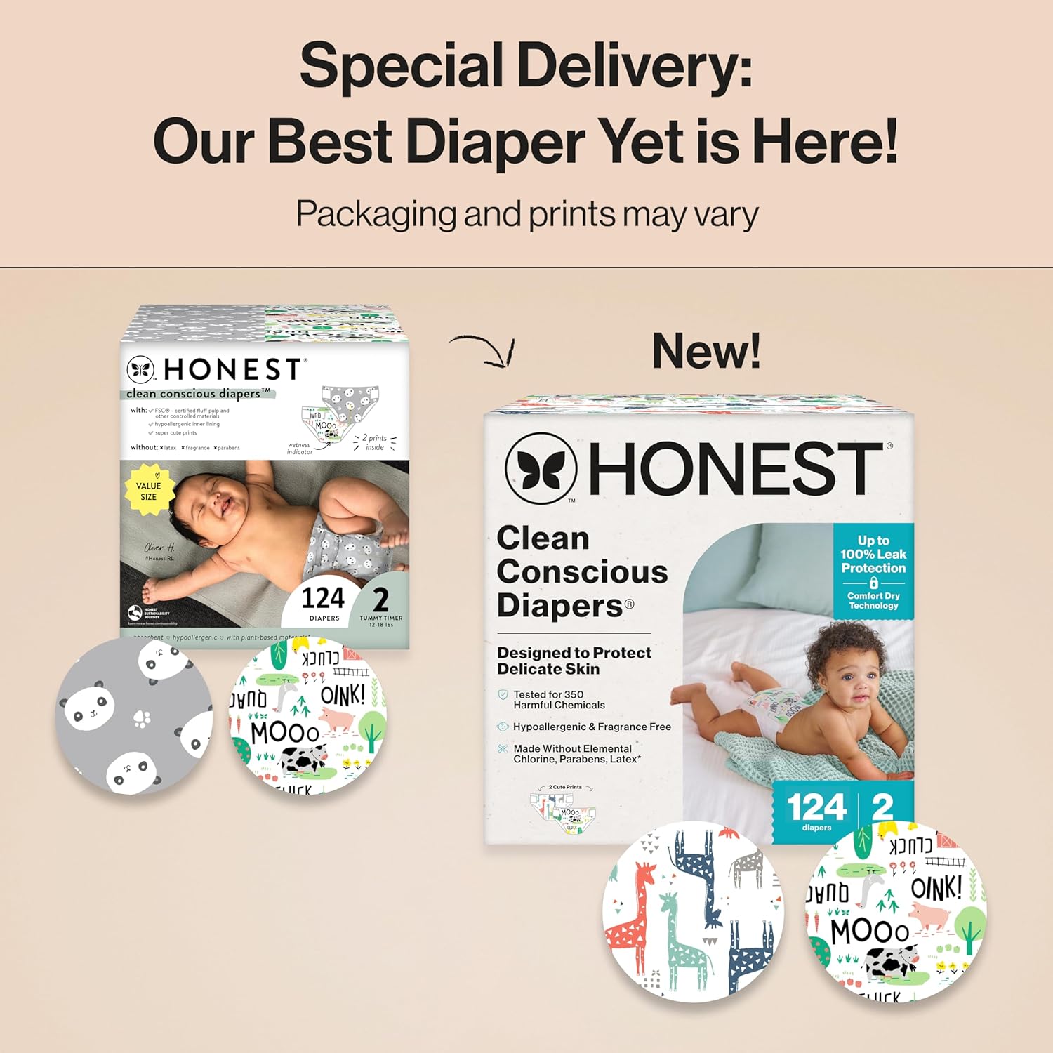 The Honest Company Clean Conscious Diapers for Delicate Skin | Up to 100% Leakproof | Hypoallergenic, Fragrance Free | Gender Neutral | Super Club Box, Size 2 (12-18 lbs), 124 Count (Prints May Vary)