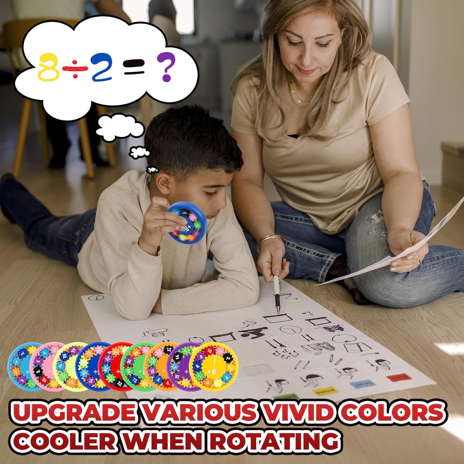 Math Fidget Spinners, Learning Division & Multiplication Colorful Fidget Toy, Math Facts Games Finger Spinner Toy for Kids and Fidgety People (9pcs)