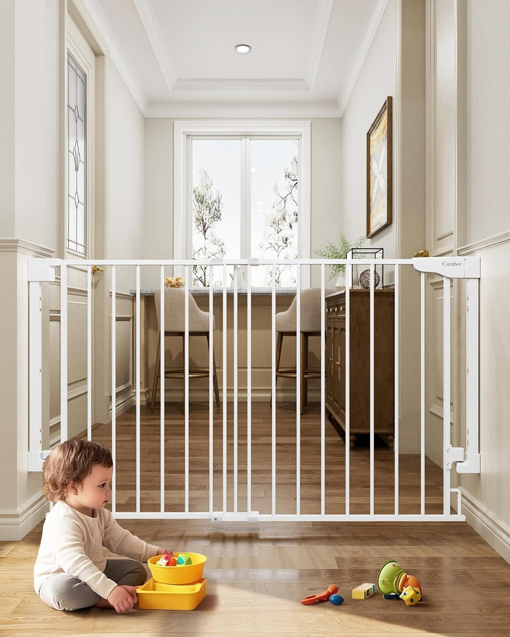 Cumbor 31.6-48" No Bottom Bar Baby Gate for Stairs, 2-in-1 Auto Close Dog Gate Indoor, Hardware Mounted Pet Gate for Doorways with Large Walk Thru Door, Child-Proof Safety Gate for Kids (White)