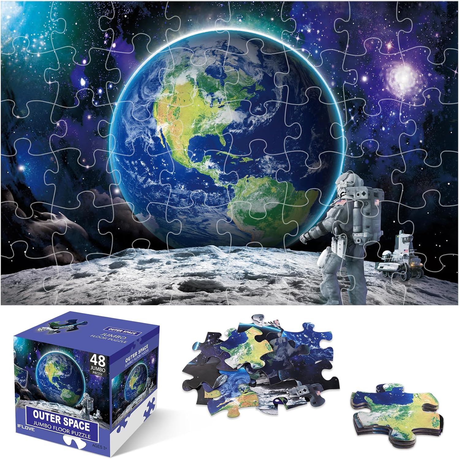 Jumbo Floor Puzzle for Kids Ages 4-8,Space Earth Jigsaw Puzzles,48 Piece Astronaut Large Puzzles for Toddler Ages 3-5,Preschool Learning Planets Earth Toys Christmas Birthday Gift for Boys Girls