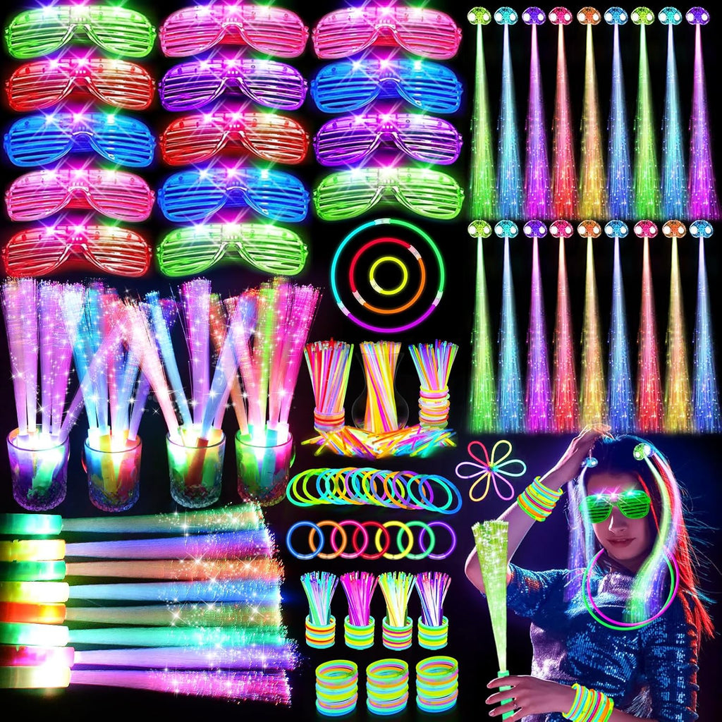 148 PCS Glow in the Dark Party Supplies, 16 PCS Glow Fiber Optic Wands, 14 PCS LED Glasses, 100 PCS Glow Sticks and 18 PCS LED Hair Clips Fiber Optic for Glow Party, Wedding, Concert, Birthday
