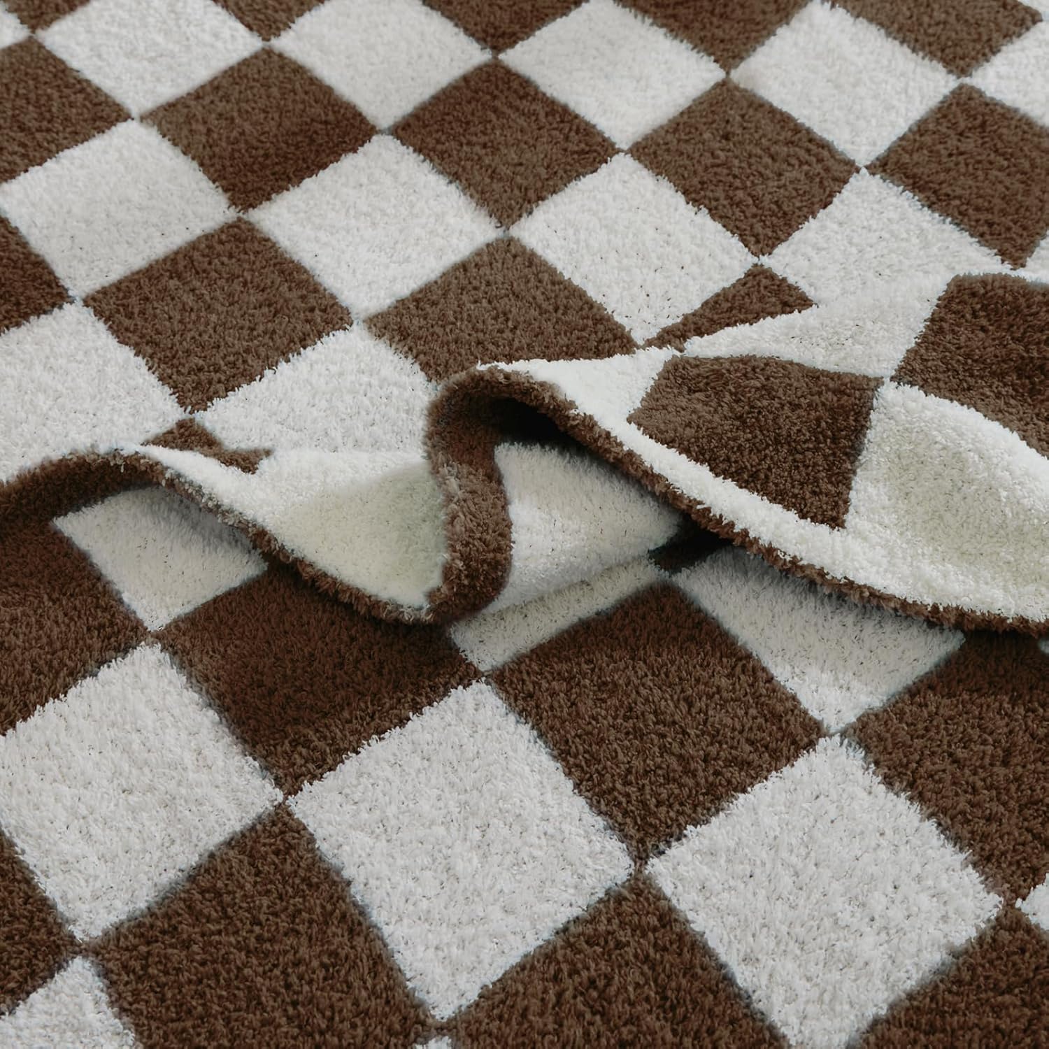 WRENSONGE Checkered Throw Blanket, Coffee Soft Cozy Fluffy Warm Hand Made Throw Blankets for Couch, Sofa, Chair, Bed, Camping, Picnic, Travel Lightweight Bed Blanket - 60"*80"