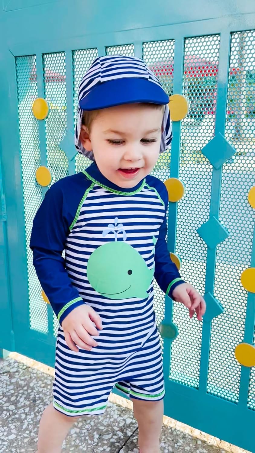 uideazone Baby Boys One Piece Swimsuit Long Sleeve UPF 50+ Rash Guard Bathing Suit Swimwear with Sun Hat 0-24 Months