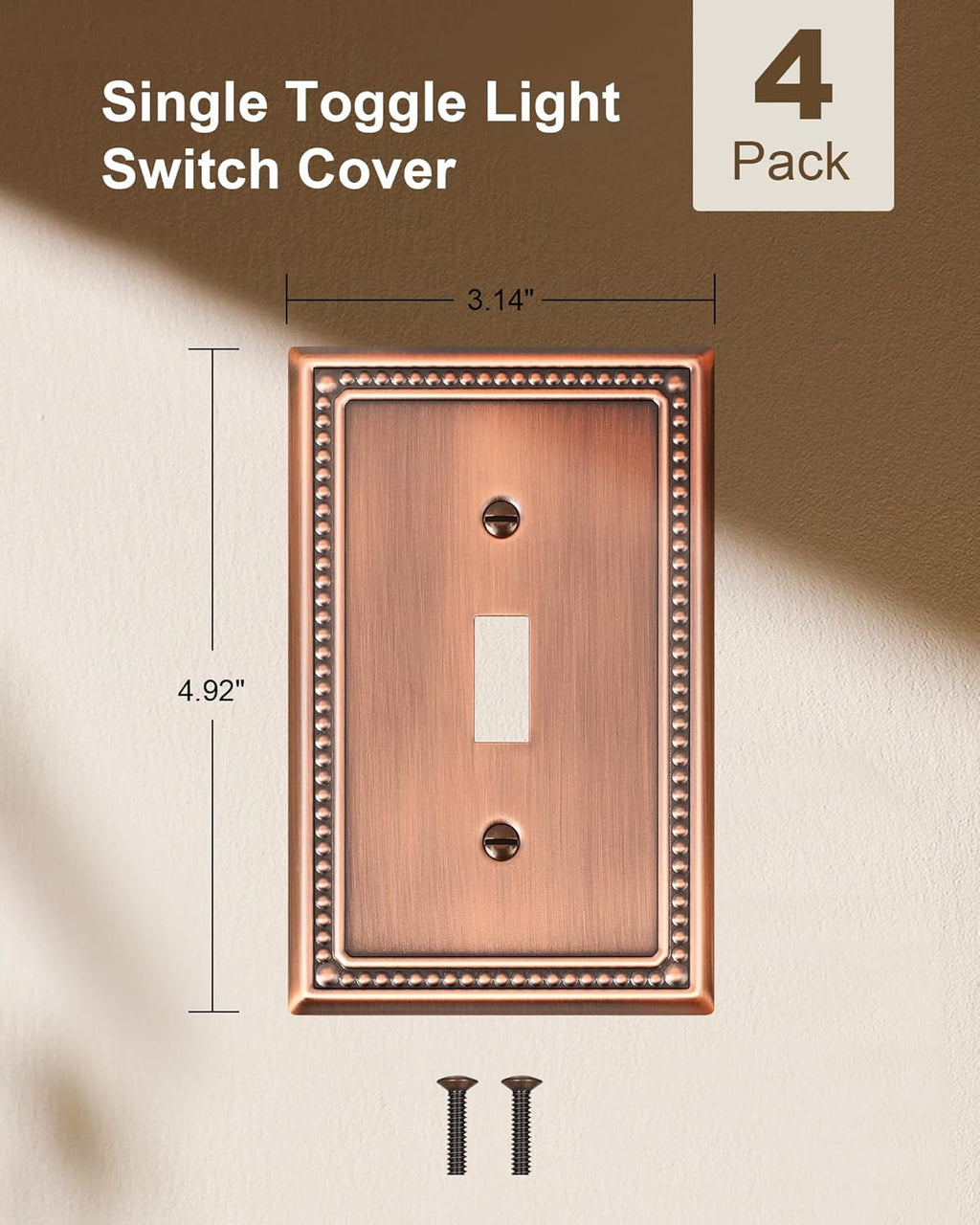 4-Pack Single Toggle Light Switch Cover Plate, Pearls Decorative Switch Plate Covers, Antique Copper 1 Gang Metal Wall Plate, Corrosion Resistant