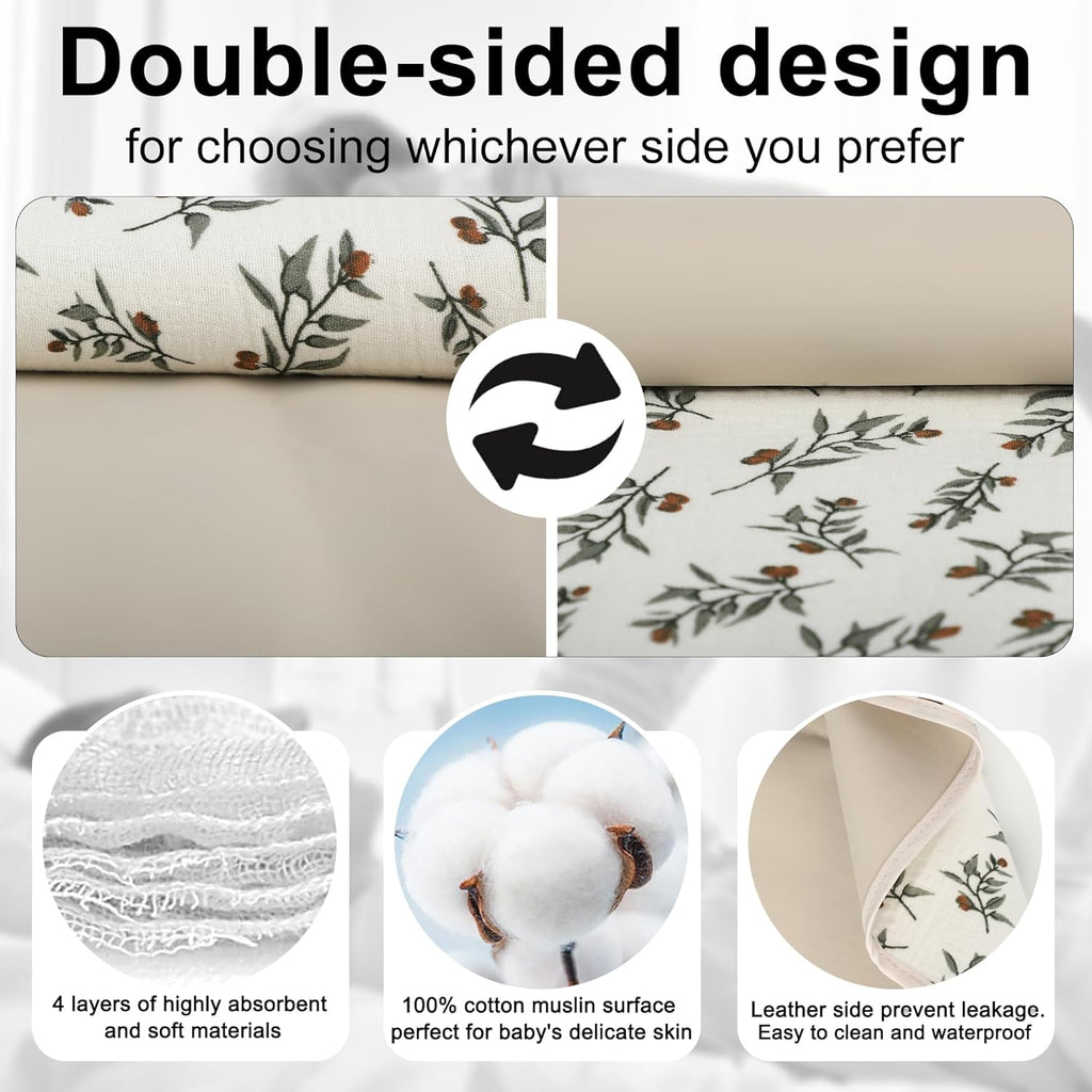Baby Diaper Changing Pad, 19.7"x25.6" Waterproof Changing Pad Liners with 100% Muslin Cotton Front Top and Leather Back, Soft and Absorbent Portable Changing Mat for Travel, Changing Station