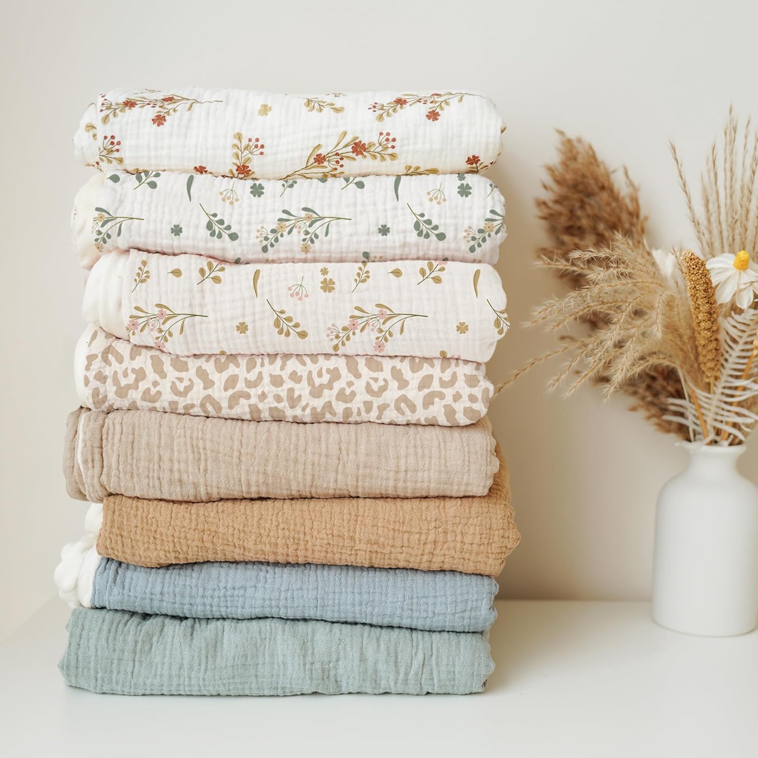 Konssy Baby Blankets for Unisex Boys Girls, Super Soft Nursery Minky Blankets with Muslin Cotton Front and Dotted Fleece Backing, Printed Bed Throws Newborn