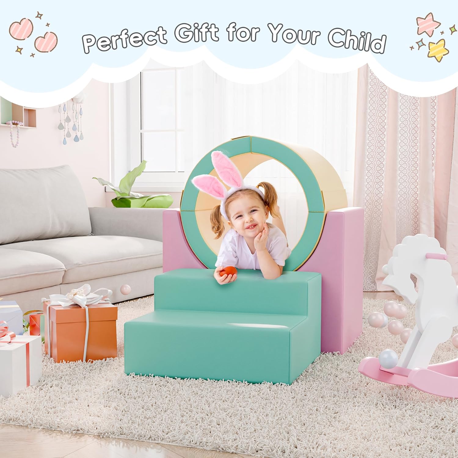 Tunnel/Ramps Foam Climber, Climb & Crawl Foam Activity Play Set for Toddlers and Kids, Safe Indoor Crawling Gym Equipment for,Infant,Baby Waterproof Easy to Clean (Pink)