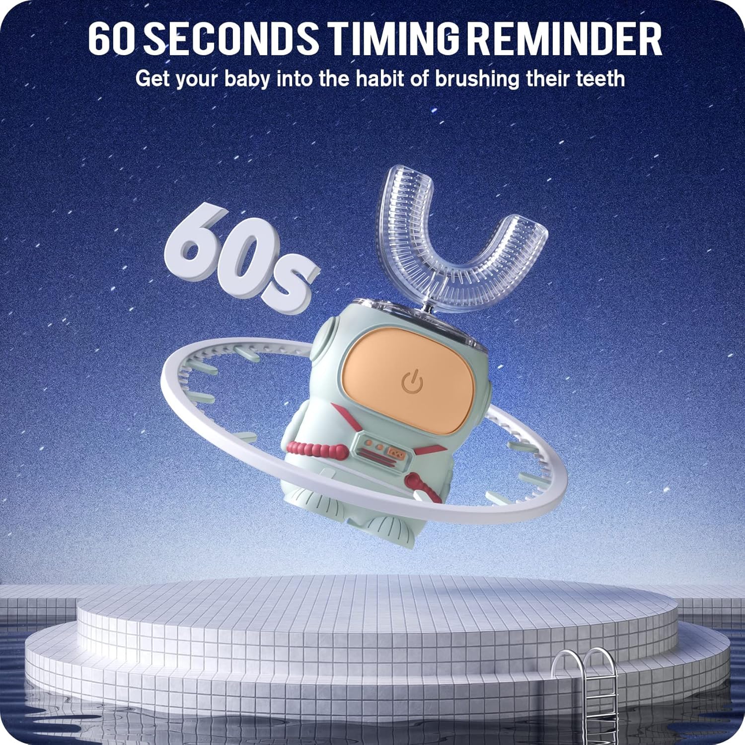 Ultrasonic Kid's U-Shaped Electric Toothbrush, IPX7 Waterproof, Five Cleaning Modes, 60S Smart Reminder (Cartoon Astronaut, Green Ages 2-6)