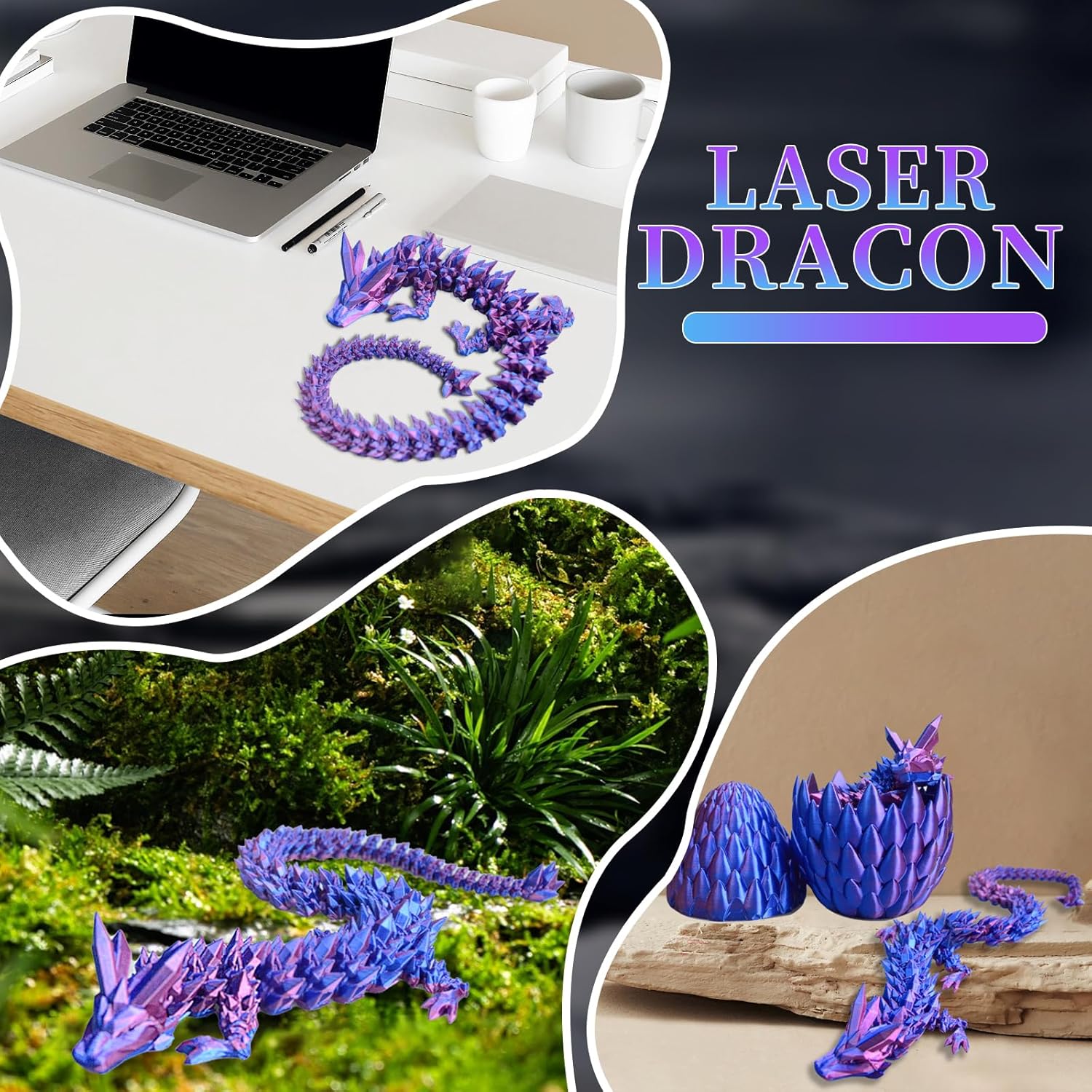 3D Printed Dragon Eggs with Dragon Inside Mystery Dragon Egg 3D Printed Articulated Dragon Articulated Dragon with Dragon Egg, Flexible Joints Home Decor Executive Desk Toys (Laser Purple