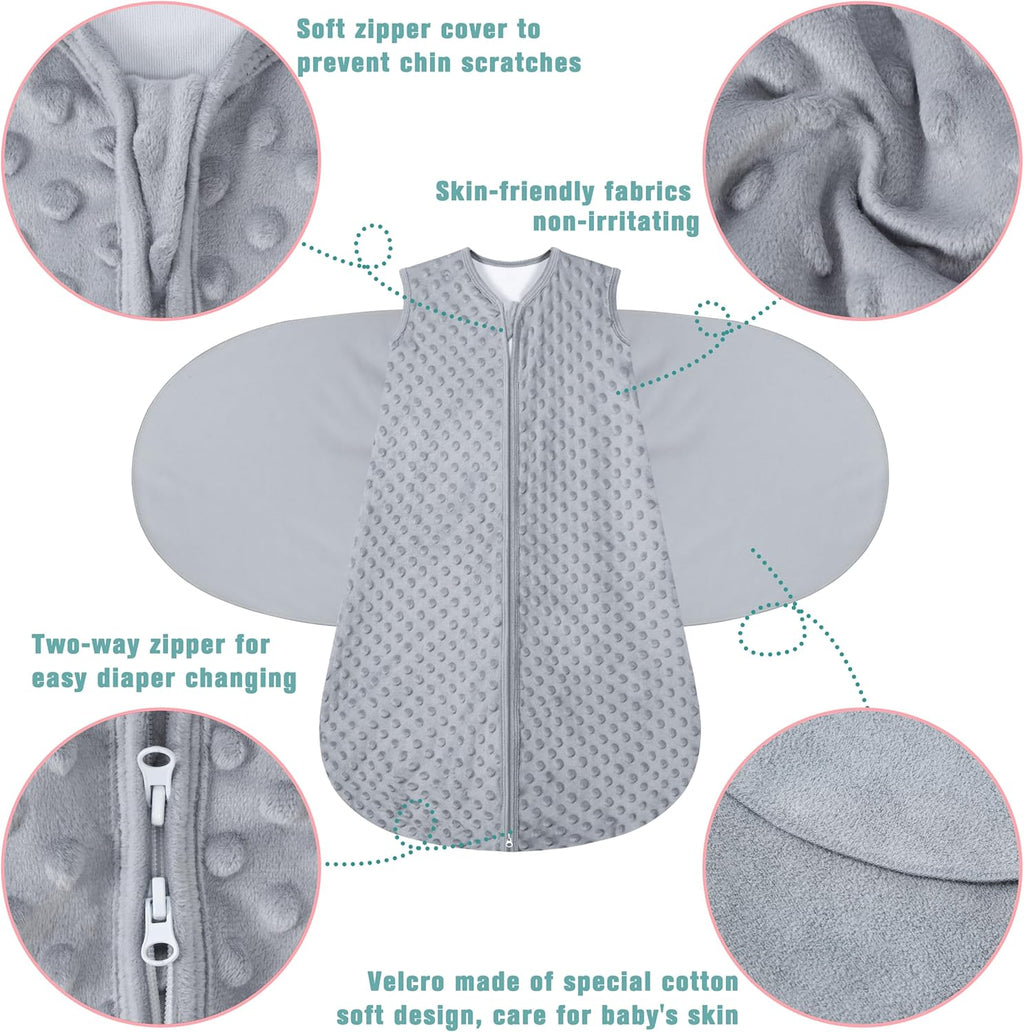 Fleece Newborn Sleep Sack Baby Swaddle,3-Way Adjustable Wearable Blanket,2 Pack Fleece Swaddling Sleeping Bag TOG 2.0， (Gray & Pink, 6-12 Months)