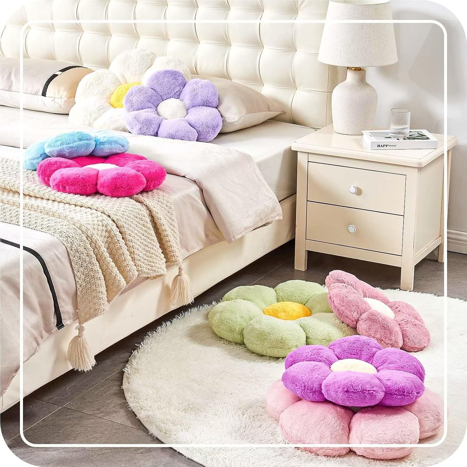White Flower Plush Throw Pillow, Cute Decorative Flower Shaped with Faux Rabbit Fur, 19.6" Soft Plush Floor Pillow for Bedroom Living Room
